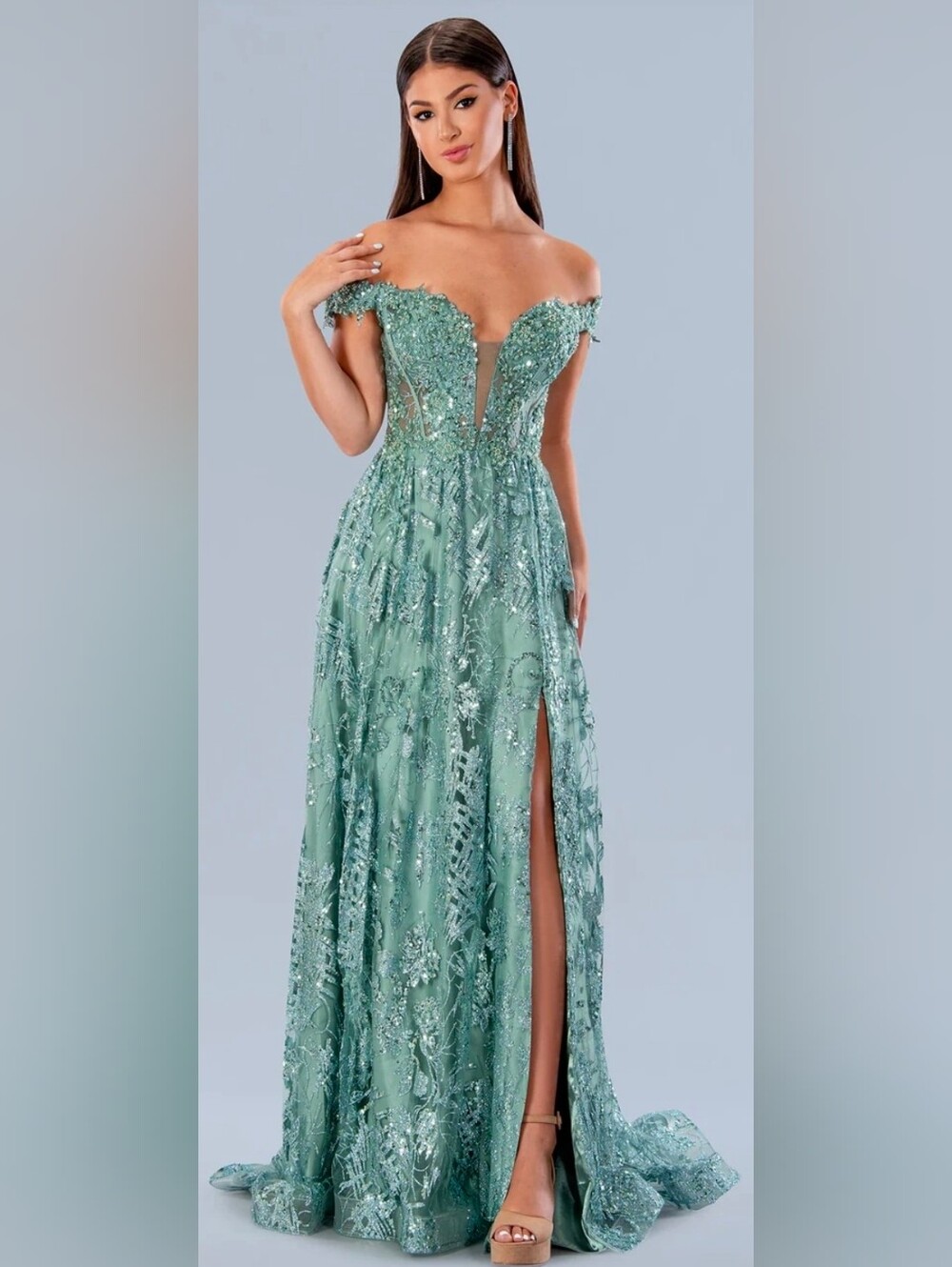 Stella Couture NWT Sage Green Embellished Ball Gown Maxi Dress Size 6 #21064